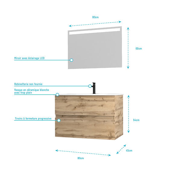 AURLANE - Pack Meuble SDB 80cm suspendu 2 tiroirs Chene_Vasque blanche + Miroir Led - TIMBER 80_Pack36 - large
