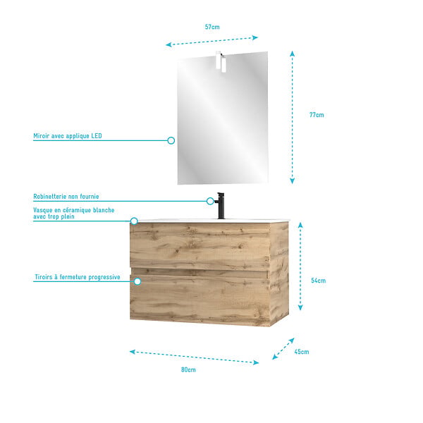 AURLANE - Pack Meuble SDB 80cm suspendu 2 tiroirs Chene_Vasque blanche + Miroir Led - TIMBER 80_Pack37 - large