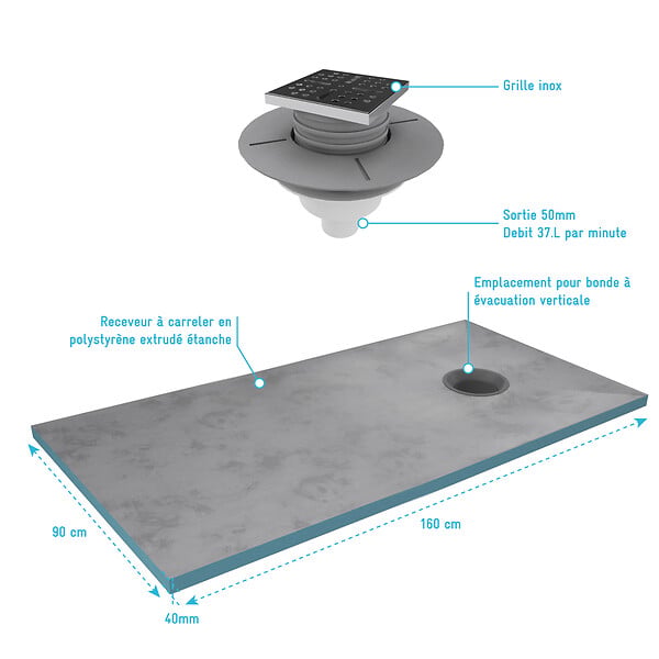 AURLANE - Receveur de Douche à Carreler 160x90 cm avec Bondes à Sortie Verticale - Grille Inox - large