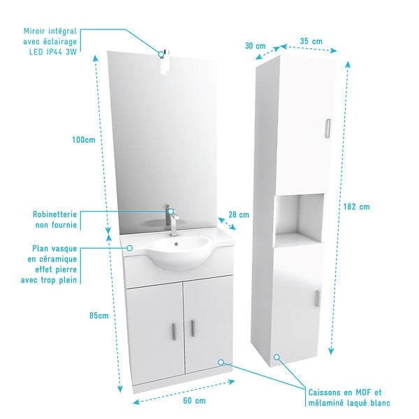 AURLANE - Ensemble de salle de bain blanc 60cm + vasque en céramique blanche + miroir LED + colonne 2 portes - large