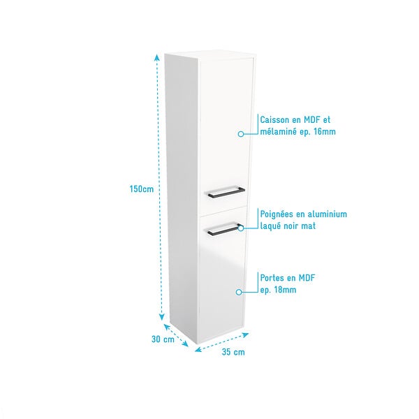 AURLANE - Colonne de salle de bain blanche 30x35x150 cm - 2 portes blanches poignees noir mat - STRUCTURA P015 - large