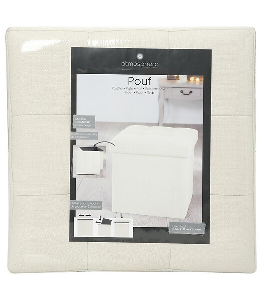 ATMOSPHERA - 2 en 1 Pouf pliant et coffre de rangement Beige aspect Lin 38 x 38 cm - large