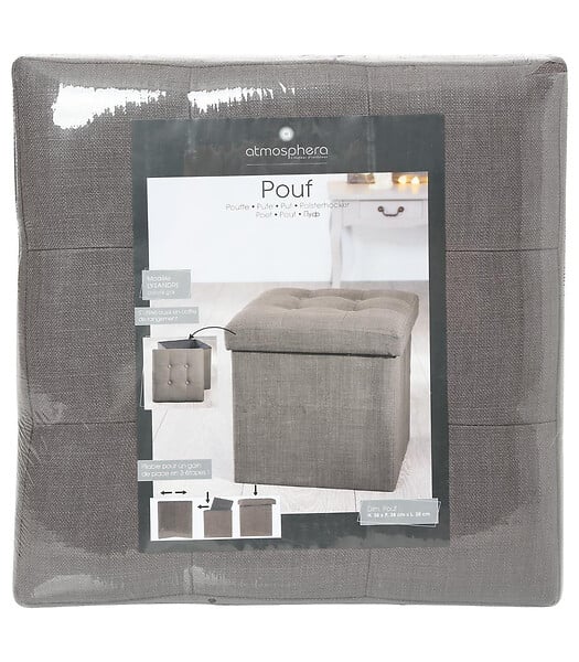 ATMOSPHERA - 2 en 1 Pouf pliant et coffre de rangement Gris Taupe aspect Lin 38 x 38 cm - large