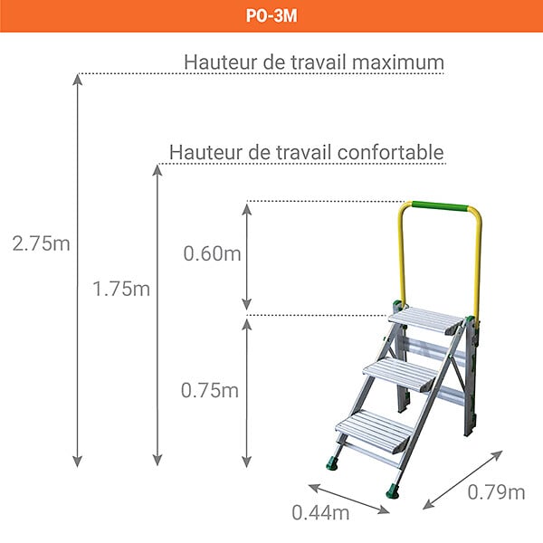 MATISERE - Escabeau 3 marches - hauteur de travail max. 2.75m - PO-3M - large