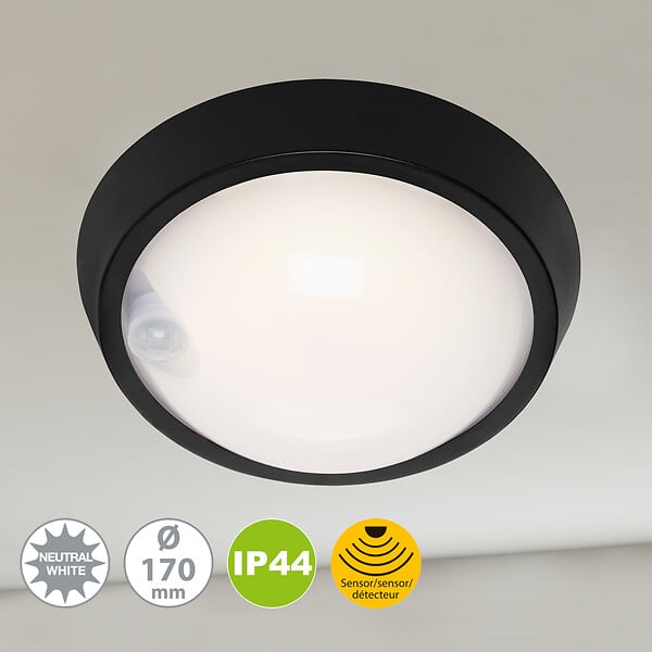 BRILONER - Luminaire extérieur rond LED BRILONER 12W noir avec capteur - large