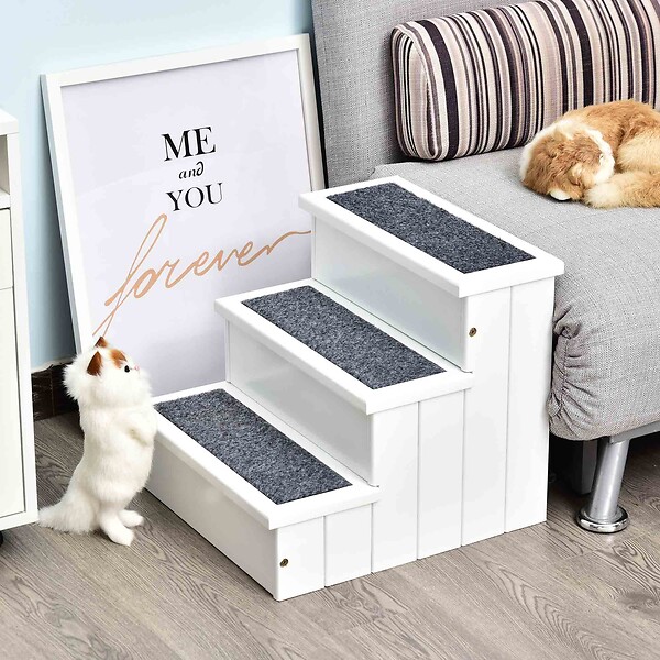 PAWHUT - Escalier pour chien animaux rampe 3 marches revêtement tapis coffre interne rangement blanc - large