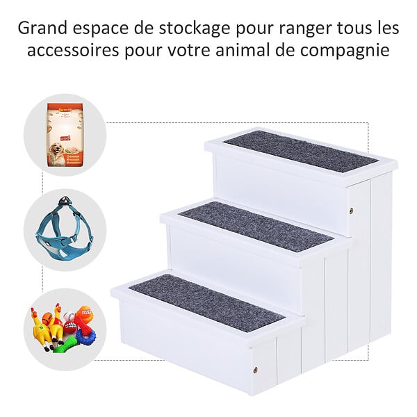 PAWHUT - Escalier pour chien animaux rampe 3 marches revêtement tapis coffre interne rangement blanc - large