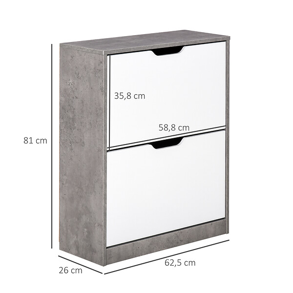 HOMCOM - Armoire à  chaussures meuble à  chaussures dim. 62L x 26l x 81H cm 2 portes abattantes blanc effet béton ciré - large