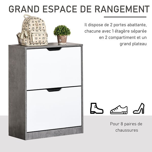HOMCOM - Armoire à  chaussures meuble à  chaussures dim. 62L x 26l x 81H cm 2 portes abattantes blanc effet béton ciré - large