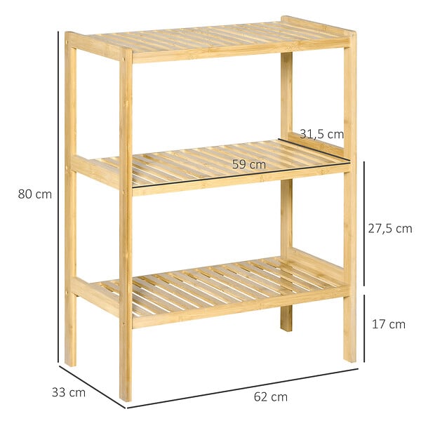 HOMCOM - Etagère de rangement 3 niveaux sur pied - étagères à lattes - dim. 62L x 33l x 80H cm - bois de bambou - large