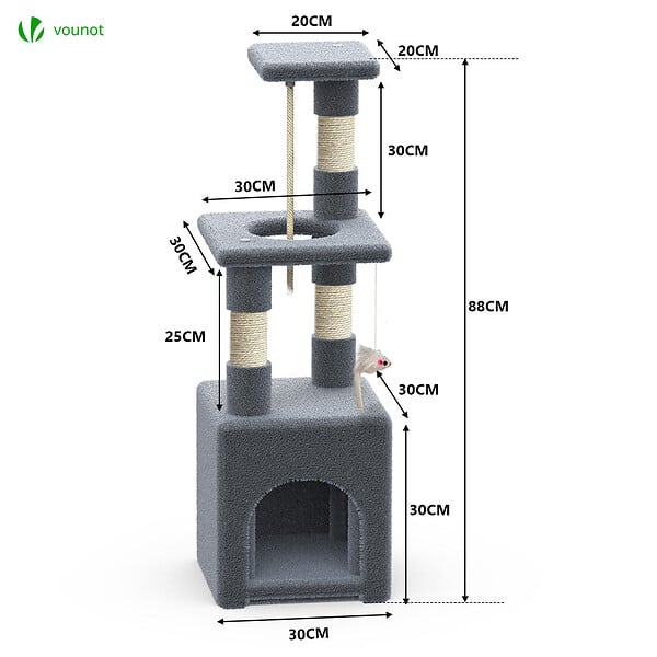 VOUNOT - Arbre à Chat 88cm avec Corde Griffoir Plateforme Niche Gris - large