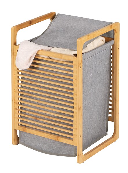 WENKO - Corbeille à linge Bahari - Bambou - Sac gris - 40x60x35cm - large