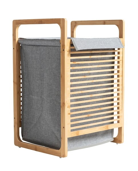 WENKO - Corbeille à linge Bahari - Bambou - Sac gris - 40x60x35cm - large