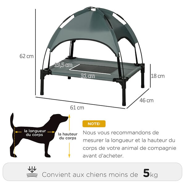 PAWHUT - Lit pour chien chat sur pieds lit de camp lit surélevé rafraîchissant velum anti-UV Oxford micro-perforé parasol et sac de transport inclus dim. 61L x 46l x 61H cm gris noir - large