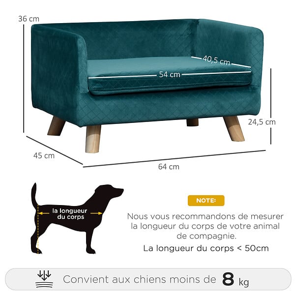 PAWHUT - Canapé chien lit pour chien design scandinave coussin moelleux pieds bois massif dim. 64 x 45 x 36 cm velours bleu canard - large