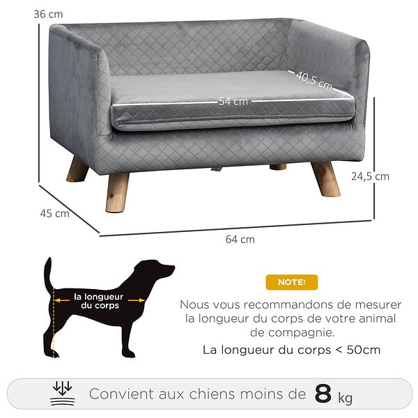 PAWHUT - Canapé chien lit pour chien design scandinave coussin moelleux pieds bois massif dim. 64 x 45 x 36 cm velours gris - large