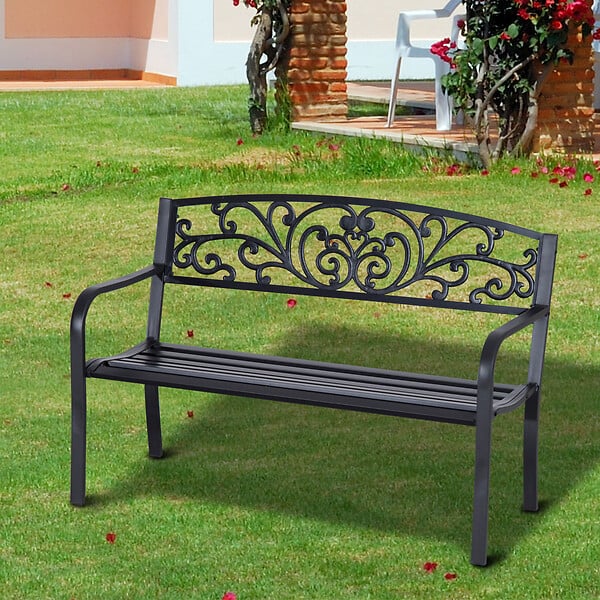 OUTSUNNY - Banc de jardin terrasse en acier fonte noir 3 places 127 x 60 x 87 cm charge max 220 Kg - large