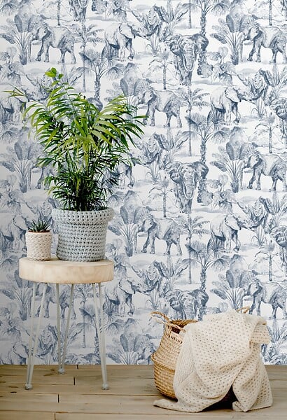 GRANDECO - Papier peint vinyle intisse toile de jouy elephant - large