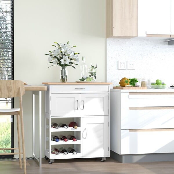 HOMCOM - HOMCOM Desserte de cuisine multi rangements 2 placards tiroir casier 9 bouteilles MDF blanc plateau bois caoutchouc - large