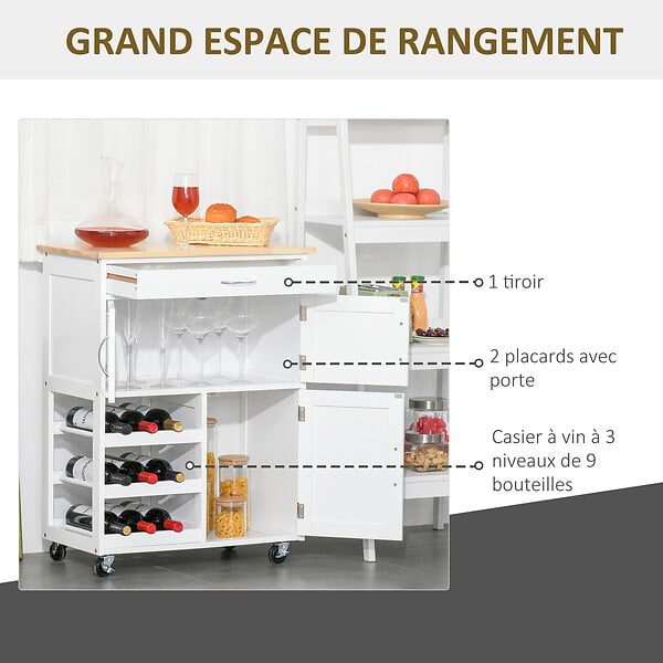 HOMCOM - HOMCOM Desserte de cuisine multi rangements 2 placards tiroir casier 9 bouteilles MDF blanc plateau bois caoutchouc - large