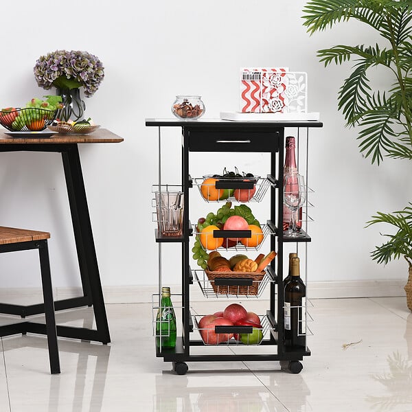 HOMCOM - Chariot de service desserte de cuisine à roulettes multi-rangements 4 paniers métal tiroir + 4 range-bouteilles bois pin noir plateau carrelé blanc - large