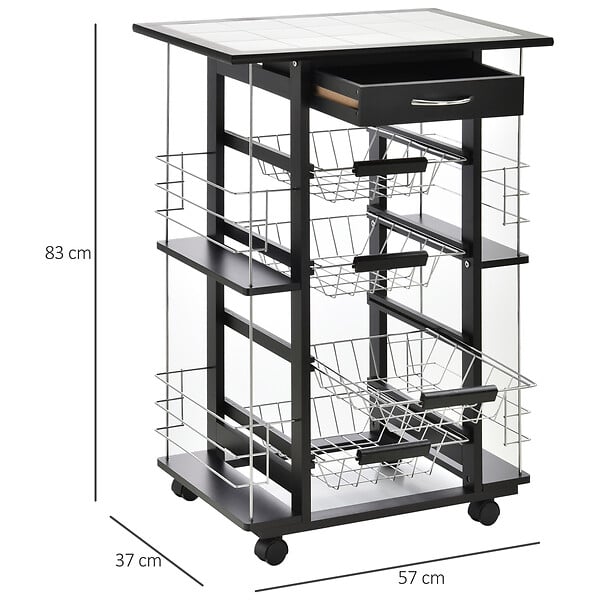 HOMCOM - Chariot de service desserte de cuisine à roulettes multi-rangements 4 paniers métal tiroir + 4 range-bouteilles bois pin noir plateau carrelé blanc - large