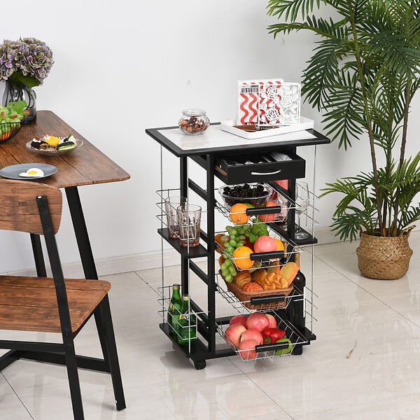 HOMCOM - Chariot de service desserte de cuisine à roulettes multi-rangements 4 paniers métal tiroir + 4 range-bouteilles bois pin noir plateau carrelé blanc - large