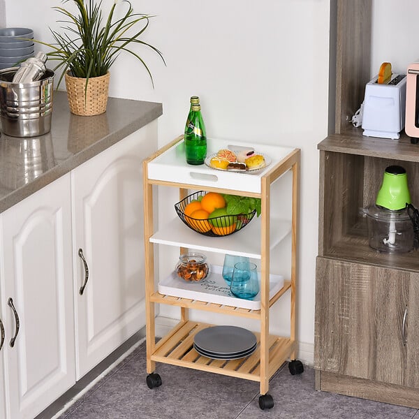 HOMCOM - HOMCOM Chariot de service desserte de cuisine à roulettes 3 étagères + plateau amovible bois de pin MDF blanc - large