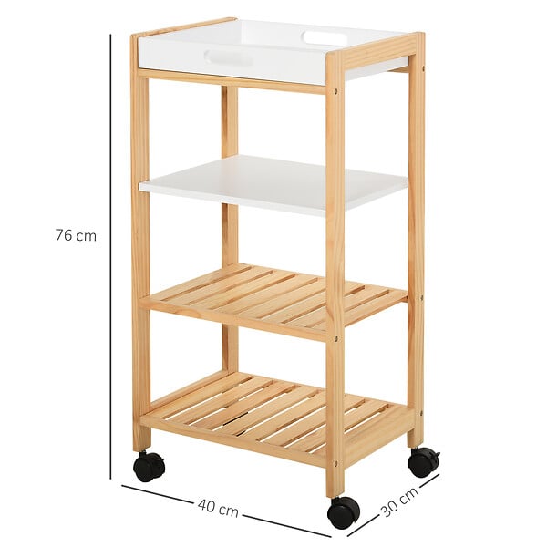 HOMCOM - HOMCOM Chariot de service desserte de cuisine à roulettes 3 étagères + plateau amovible bois de pin MDF blanc - large