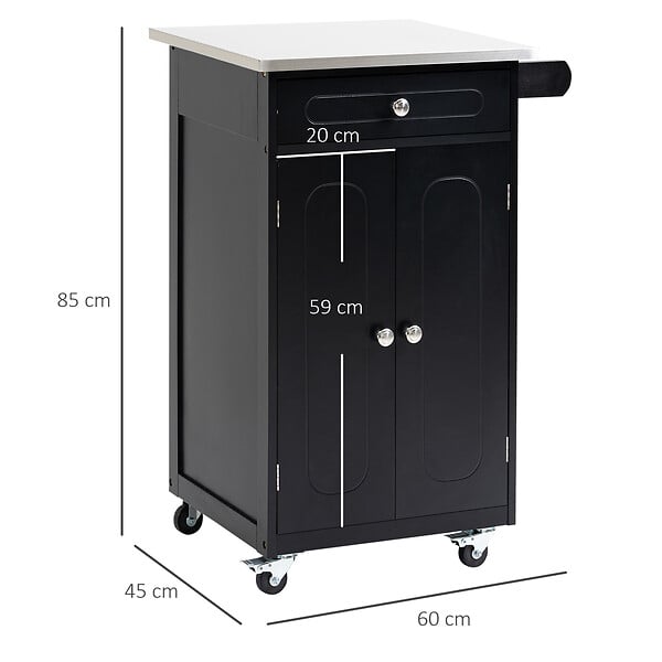 HOMCOM - Desserte de cuisine multi-rangements 1 tiroir placard 2 portes avec étagère porte-torchons MDF noir acier inox. - large