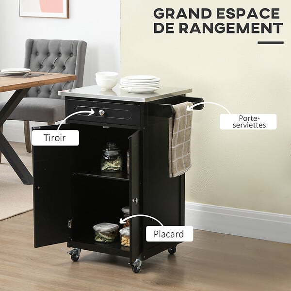 HOMCOM - Desserte de cuisine multi-rangements 1 tiroir placard 2 portes avec étagère porte-torchons MDF noir acier inox. - large