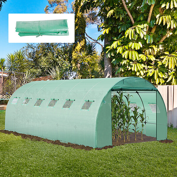 OUTSUNNY - Bâche de rechange serre tunnel 18 m², bâche dim. 6L x 3l x 2H m PE anti-UV imperméable 12 fenêtres + porte enroulable zippée vert - large