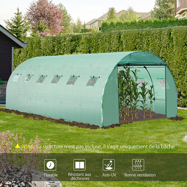 OUTSUNNY - Bâche de rechange serre tunnel 18 m², bâche dim. 6L x 3l x 2H m PE anti-UV imperméable 12 fenêtres + porte enroulable zippée vert - large
