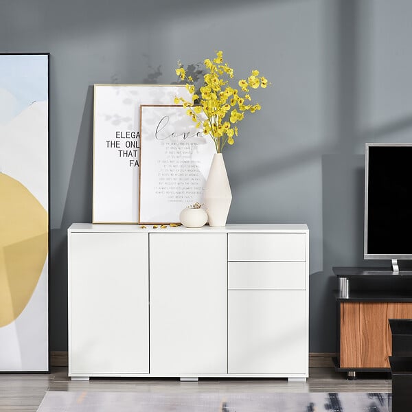 HOMCOM - Commode buffet de rangement 2 tiroirs coulissants 3 portes étagère réglable panneaux de particules 117 x 36 x 74 cm blanc - large