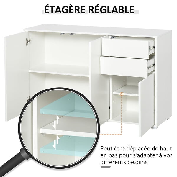 HOMCOM - Commode buffet de rangement 2 tiroirs coulissants 3 portes étagère réglable panneaux de particules 117 x 36 x 74 cm blanc - large