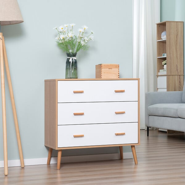 HOMCOM - Commode design scandinave sur pieds 3 tiroirs coulissants pieds effilés inclinés panneaux particules blanc aspect bois clair - large