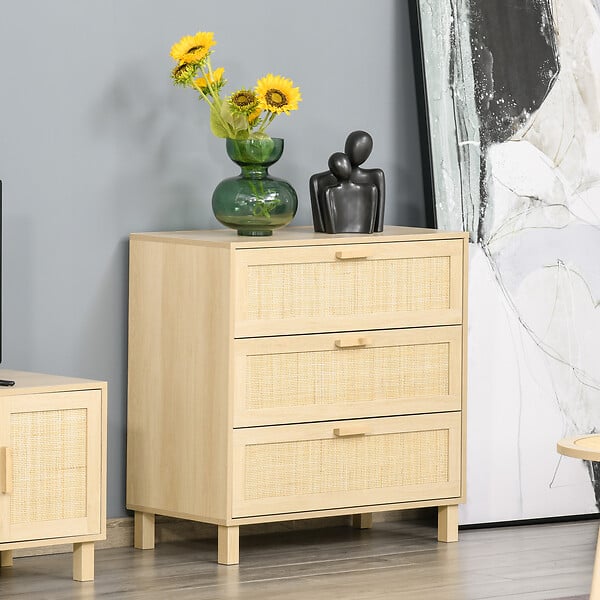 HOMCOM - Commode 3 tiroirs cannage en rotin dim. 80L x 40l x 80H cm MDF aspect bois clair - large