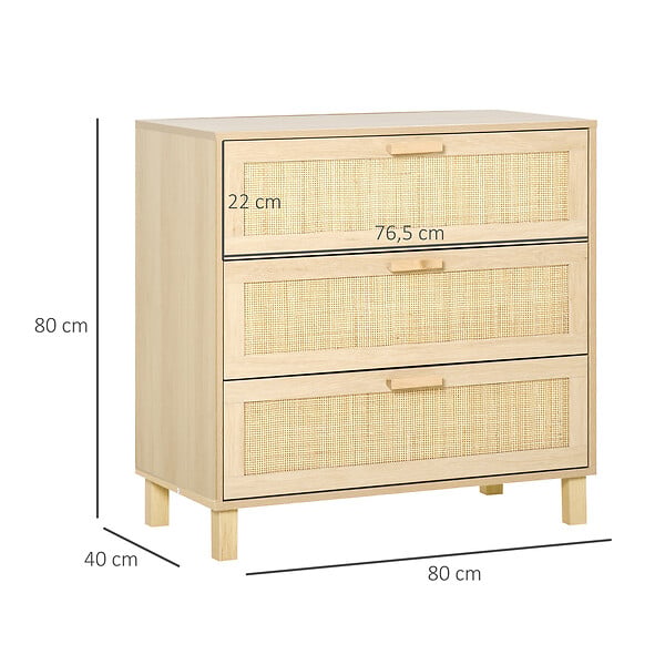 HOMCOM - Commode 3 tiroirs cannage en rotin dim. 80L x 40l x 80H cm MDF aspect bois clair - large