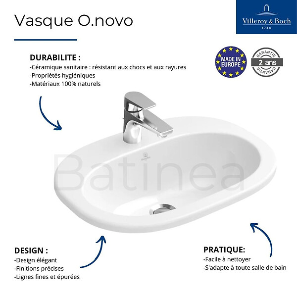 VILLEROY ET BOCH - Vasque O. NOVO à encastrer - Couleur: BLANC- réf : 41615601 - VILLEROY ET BOCH - large