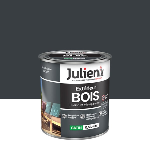 JULIEN - Peinture Extérieure Bois Microporeux Julien Satin-Gris Anthracite 0.5L - large