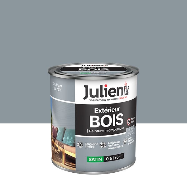 JULIEN - Peinture Extérieure Bois Microporeux Julien Satin - Gris Argent 0.5L - large