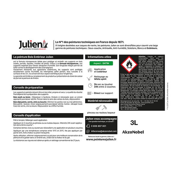 JULIEN - Peinture Extérieure Bois Microporeux Julien Satin - Blanc 2.5L + 20% - large