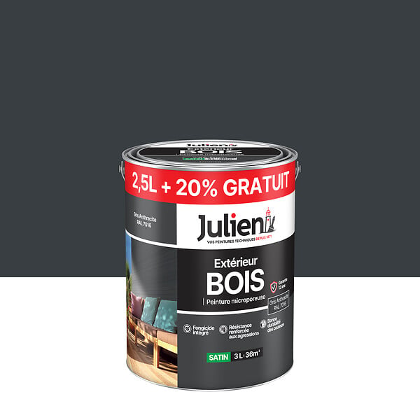 JULIEN - Peinture extérieure bois microporeuse - Satin - Gris Anthracite 3L - large