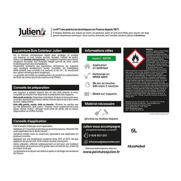 JULIEN - Peinture Extérieure Bois Microporeux Julien Satin - Blanc 5L - large