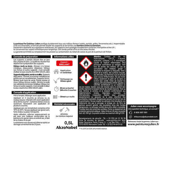 JULIEN - Peinture Extérieure Fer antirouille - Blanc - Brillant - 0,5L - large