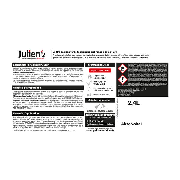 JULIEN - Peinture Extérieure Fer Antirouille Julien Brillant - Blanc 2L + 20% - large