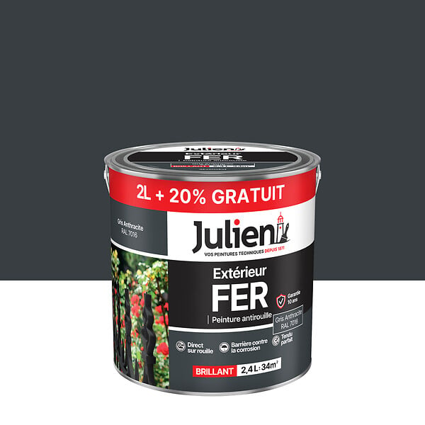 JULIEN - Peinture Extérieure Fer Antirouille Julien Bril.-GrisAnthracite 2L+20% - large