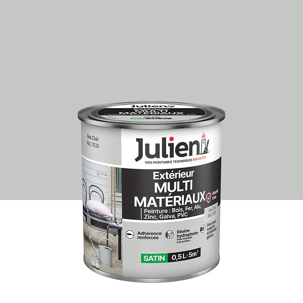 JULIEN - Peinture Extérieure Multi-Materiaux Julien Satin - Gris Clair 0.5L - large