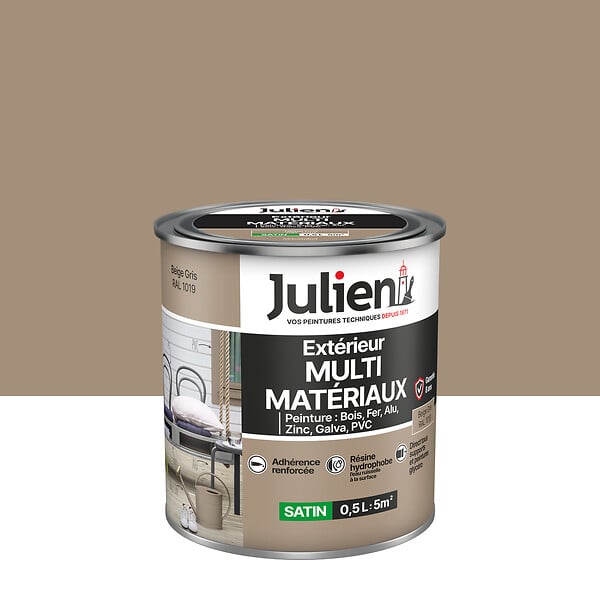 JULIEN - Peinture Extérieure Multi-Materiaux Julien Satin - Beige Gris 0.5L - large