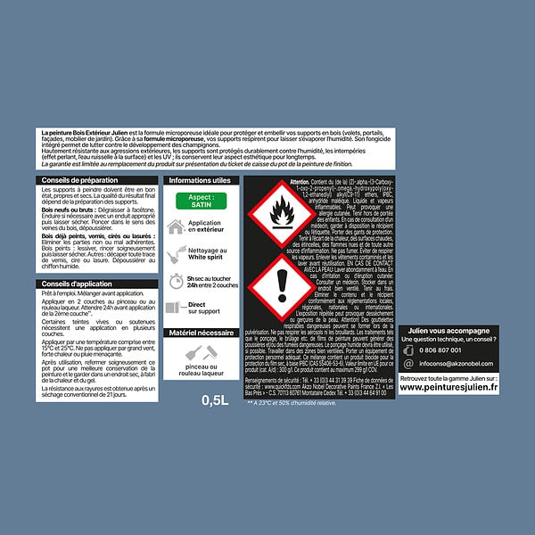 JULIEN - Peinture extérieure bois microporeux satin - Bleu Pigeon - 0,5L - large